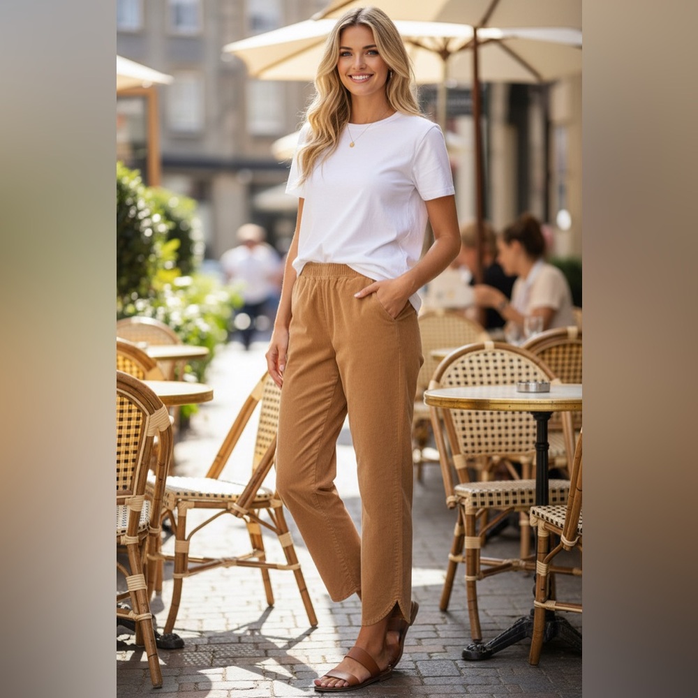 Marine Layer Camel Corduroy Ankle Pants | High Rise | Elastic Waist | M